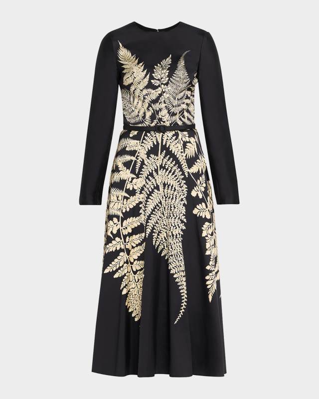 Fern-Print Long-Sleeve Midi Dress